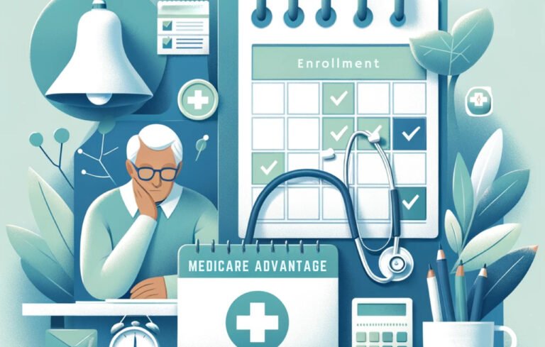 Informative graphic for Medicare Advantage in Knoxville, TN, featuring a calendar marked with important enrollment dates, a checklist for required documents, and a stethoscope, symbolizing healthcare planning and support for seniors.